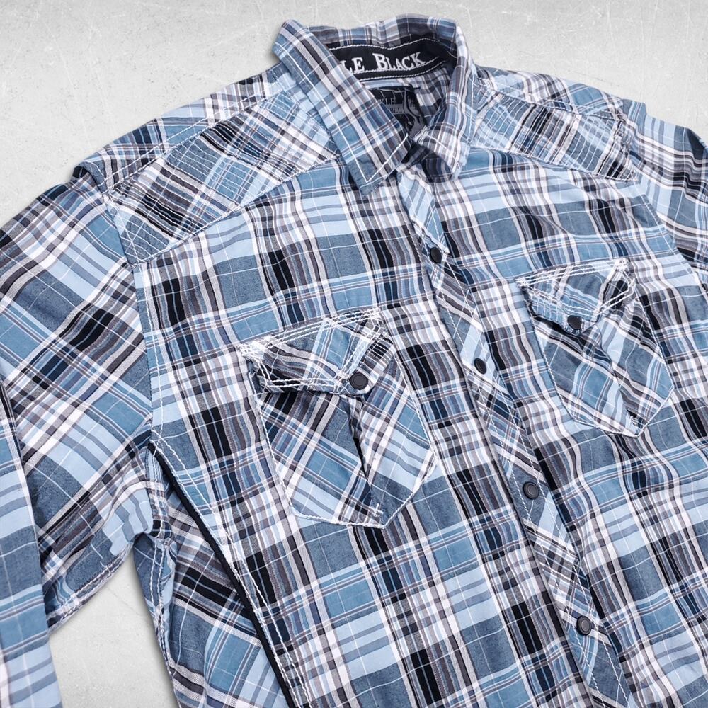 Buckle Black Shirt Mens L Blue Plaid Athletic Fit Snap Up Western Country Cowboy - Picture 9 of 11